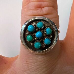 Round Turquoise Petit Point Sterling Silver 925 Ring, Size 7.75